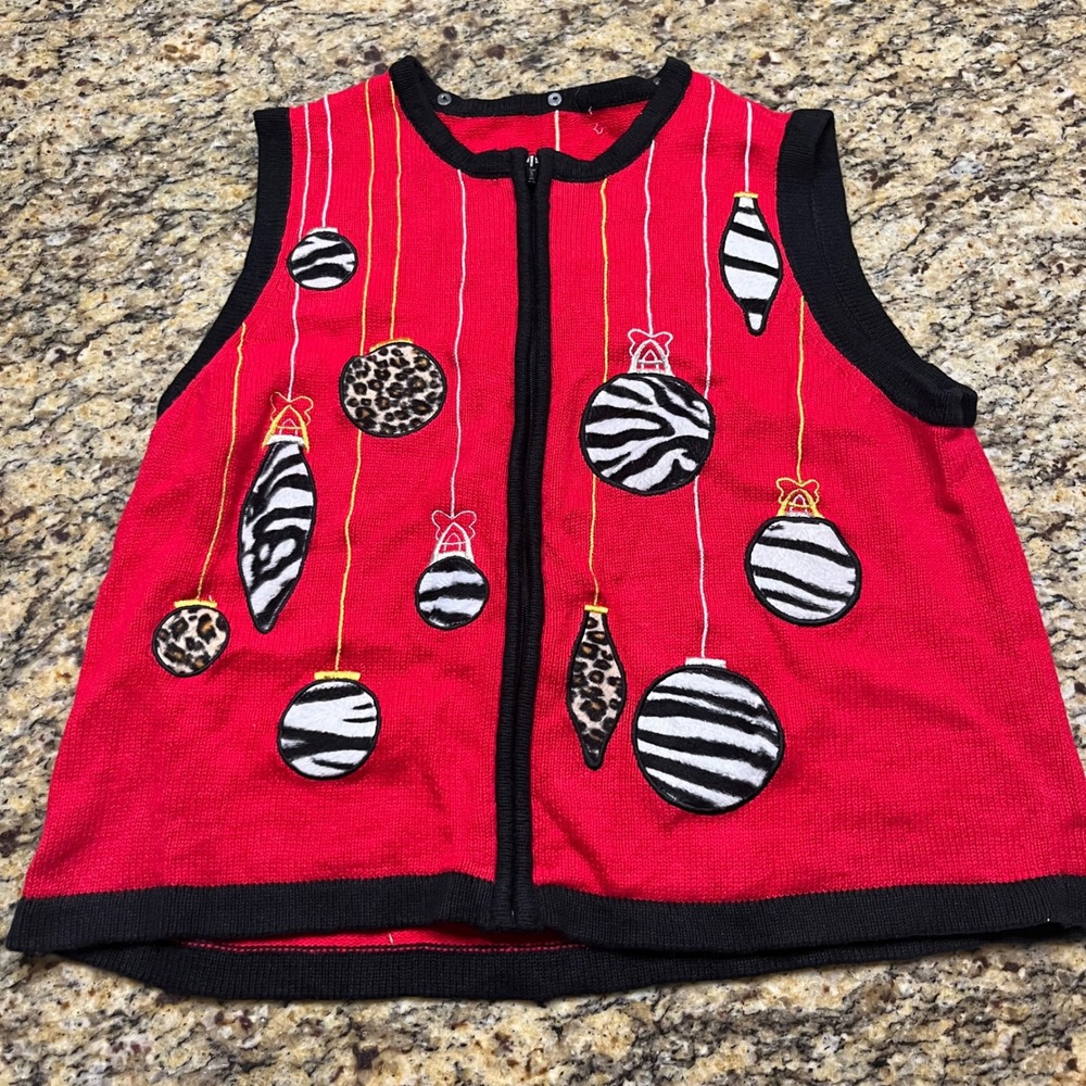 Red Christmas Ugly Sweater Vest Animal Print Ornaments Zebra Leopard Zip Front